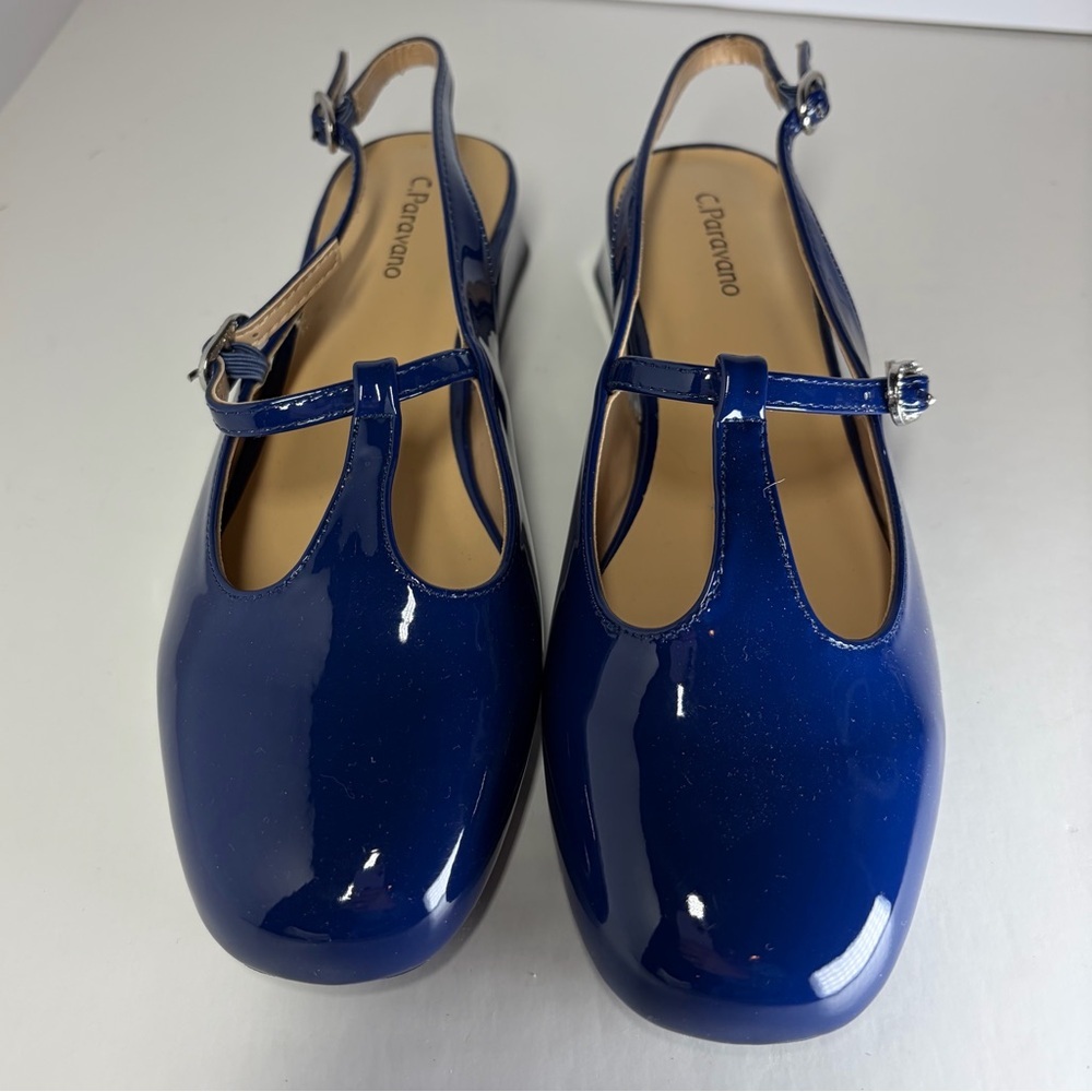 C. Paravano Womens Slingback T-Strap New Ballet Flats Blue Patent Leather 39 8.5
